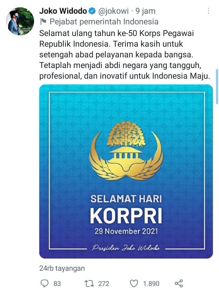 Melalui Akun Twitter, Jokowi Beri Ucapan 'SUT' Ke Korpri