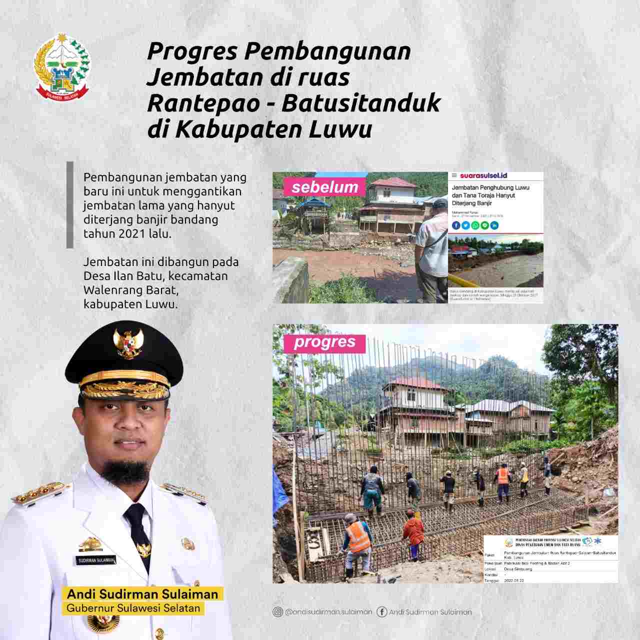 Dinas PUTR Provinsi sedang progres pembangunan jembatan di ruas Rantepao- Batusitanduk di Kabupaten Luwu