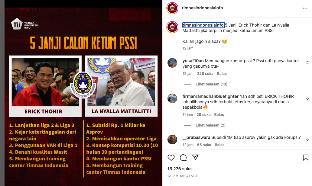 Ilustrasi, perbandingan janji Calon Ketum PSSI, Erick Thohir dan Lanyalla. (Dok/Instagram @timnasindonesiainfo).