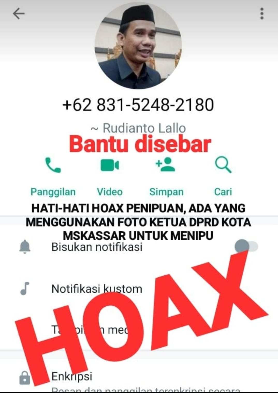 Ilustrasi penipuan mengatasnamakan Ketua DPRD Makassar Rudianto Lallo. (Dok/Istimewa).