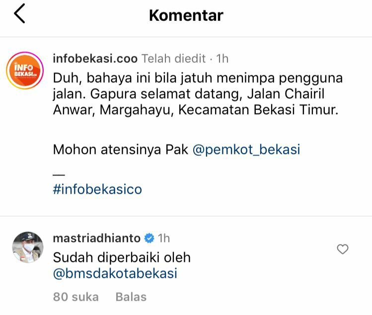Plt. Wali Kota Bekasi Respon Cepat Aduan Masyarakat Melalui Medsos.