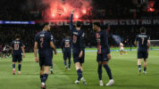 Pemain Paris Saint Germain (PSG) Selebrasi Usai Cetak Gol Ke Gawang Arsenal