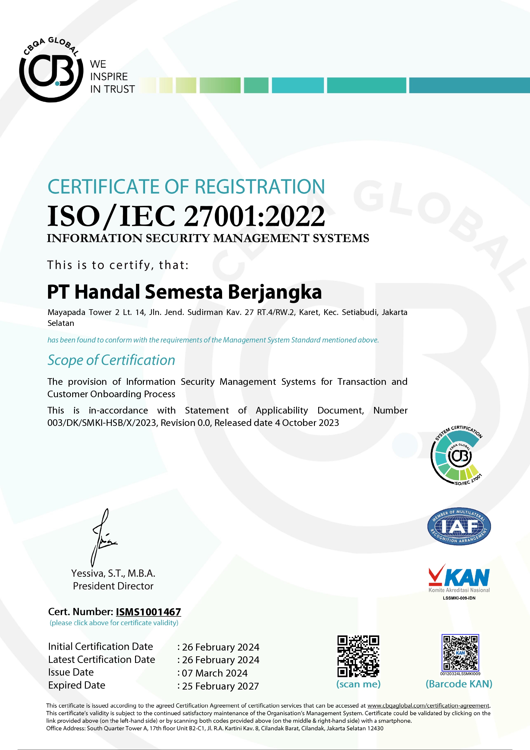 Sertifikat ISO 27001 Handal Semesta Berjangka Sertifikat ISO 27001 Handal Semesta Berjangka